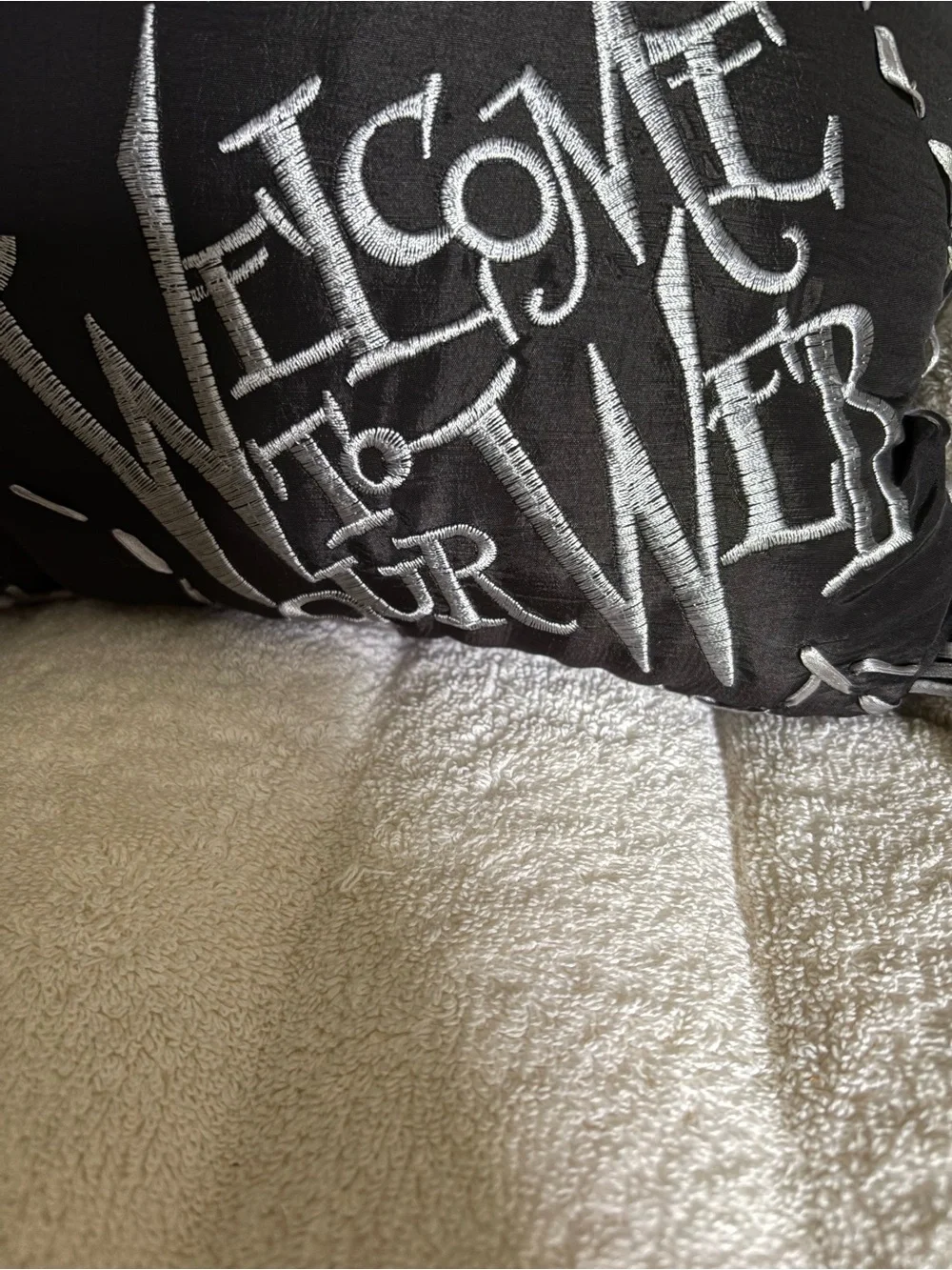 Ribbon spider web  pillow with jeweled spider & stitched “Welcome To Our Web”